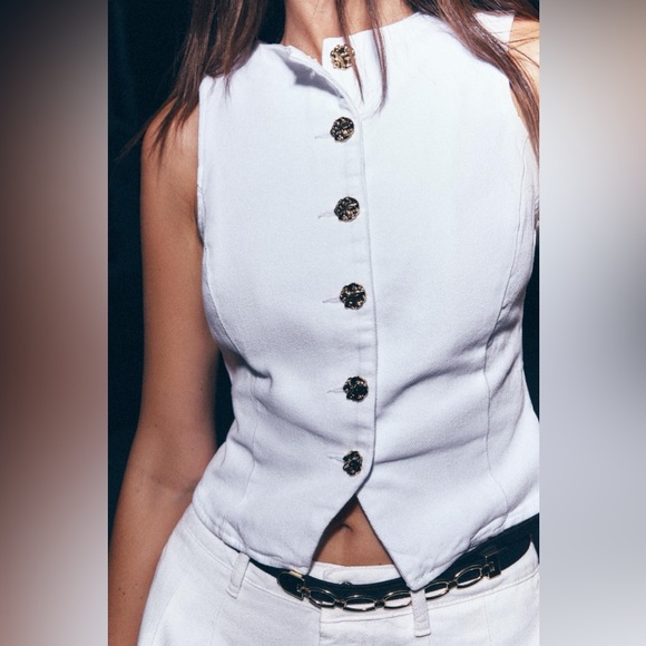 Zara Tops - Zara NWT Cotton Blend Round Neck Sleeveless Denim Vest with Gold Buttons (XS)